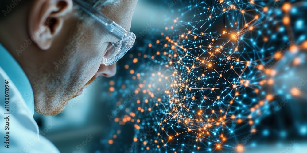 Poster A focused scientist examines data visualization, showcasing interconnected nodes and vibrant colors representing complex information in a modern research environment.