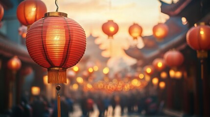 Fototapeta premium Red lanterns hanging in festive street scene at night
