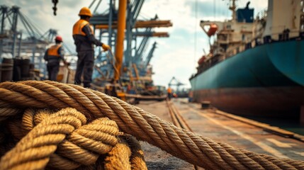Industrial Port Scene with Workers and Moored Ship at Dock