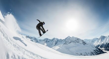 Snowboarder Soaring Over Snowy Mountains