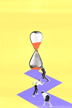 Contemporary art collage. Individuals walking on winding purple path toward hourglass with sand running out, symbolizing life's fleeting moments and journey of time. Concept of time-line, moment.