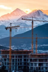 A stunning view of a construction site amidst scenic mountains at sunset, showcasing cranes and modern architecture against a breathtaking backdrop.