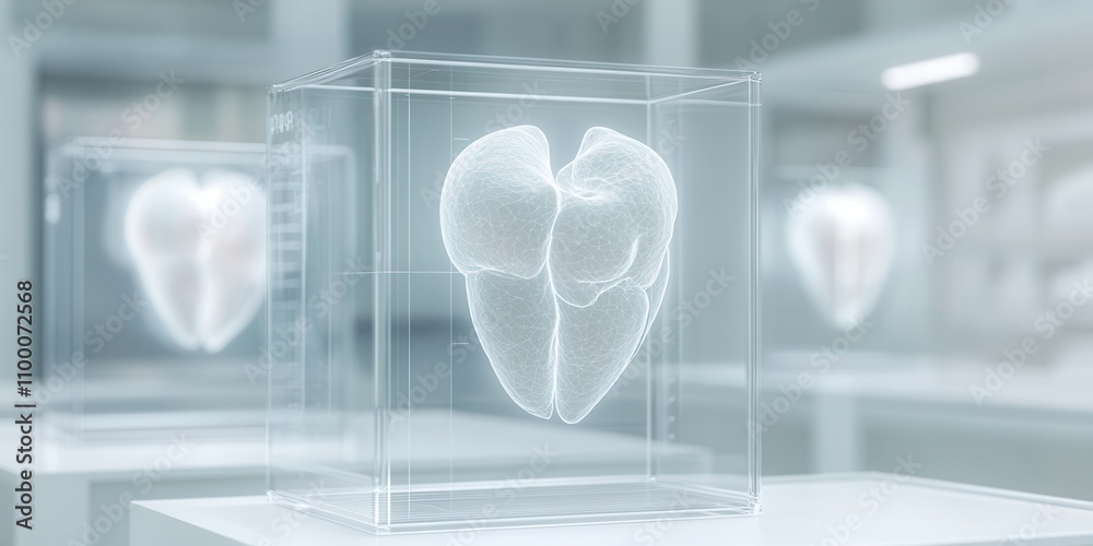 Poster the image features transparent displays showcasing heart models, emphasizing medical research and an