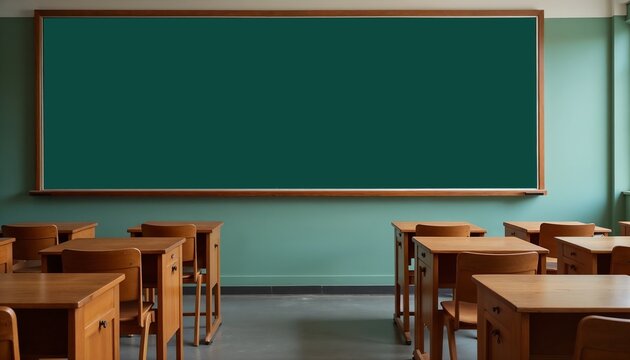 Empty classroom with green chalkboard and wooden desks.  Blank banner, poster to be filled in
