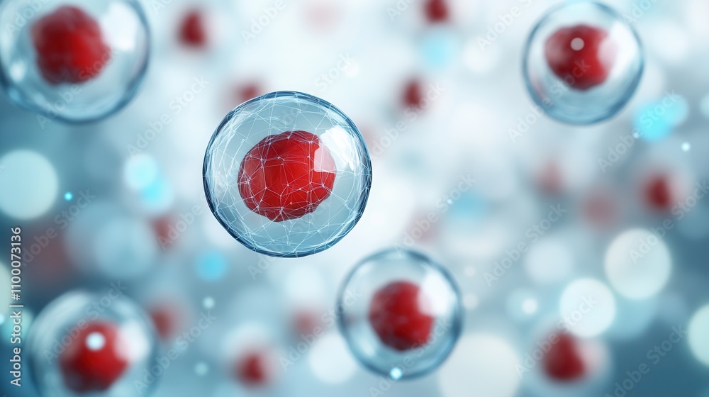 Poster a vibrant depiction of cells with red centers suspended in a blue background, illustrating biologica