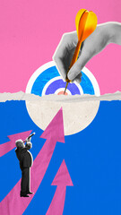 Contemporary art collage. Composite image featuring man with telescope aimed at white dot and hand...