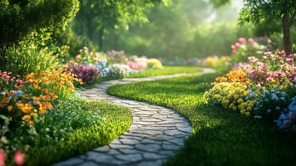 Obraz premium Serene Garden Path Winding Through Colorful Flowers