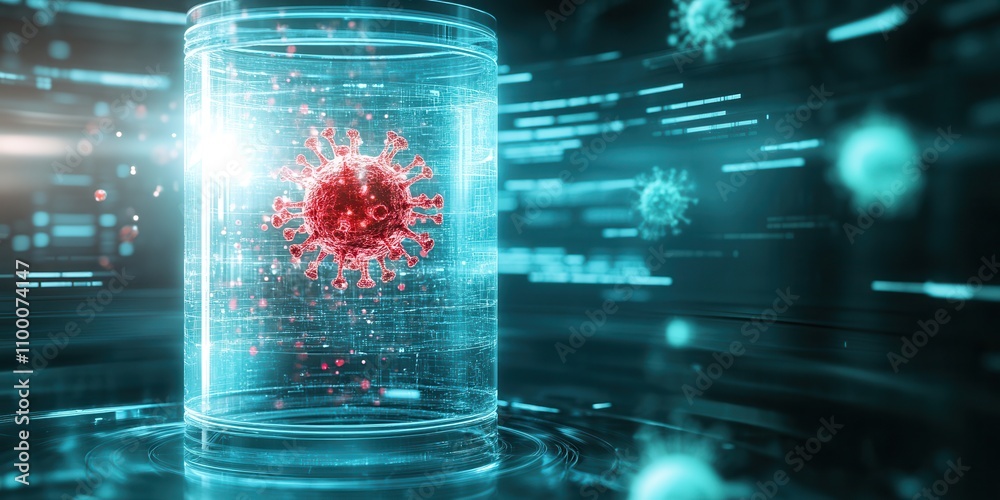 Poster A digital representation of a virus encapsulated in a high-tech container, surrounded by glowing data streams and visual elements.
