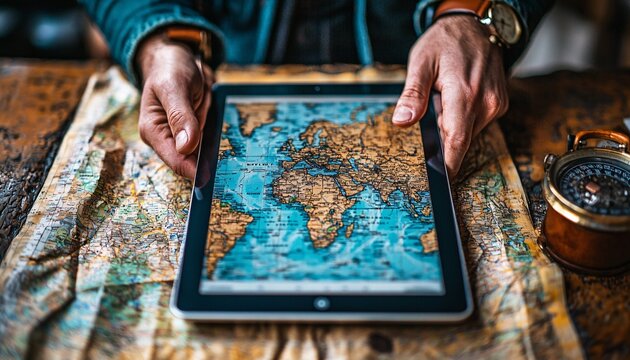 Hands Holding Tablet with World Map on Vintage Paper