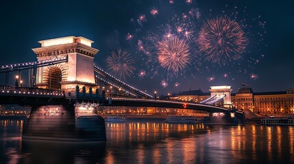 Obraz premium Sparkling fireworks show over a historic bridge at night