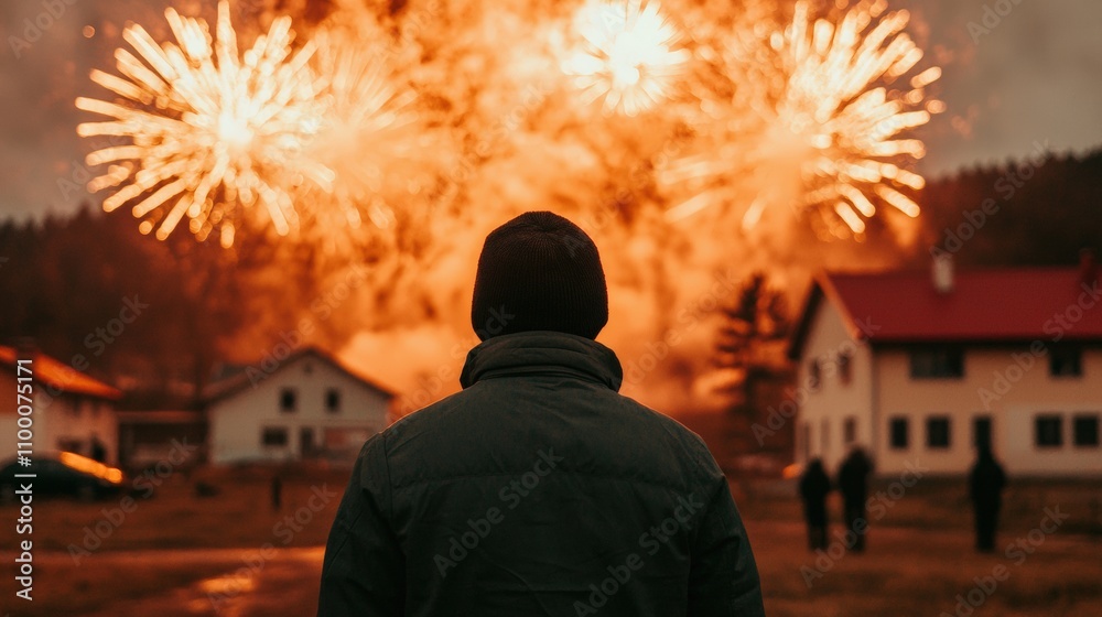 Poster man watching fireworks exploding in small town on new year's eve