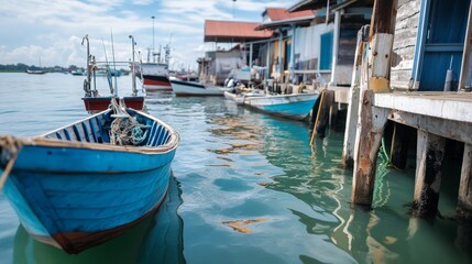 Obraz premium Colorful fishing boats docked by the rustic waterfront under blue sky