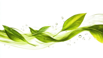 Fototapeta premium Green leaves on a flowing design with white background.