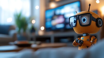 A geeky robot with large glasses stands in a tech-filled room with softly glowing lights, radiating a sense of innovation and intelligence in its surroundings.