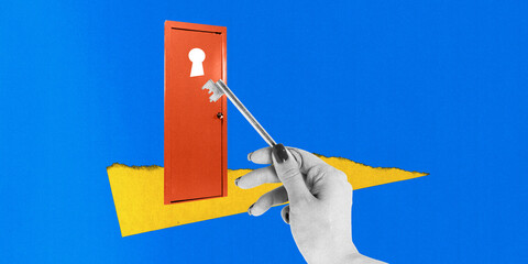 Contemporary art collage. Hand holding key towards red door with keyhole, symbolizing opportunity...