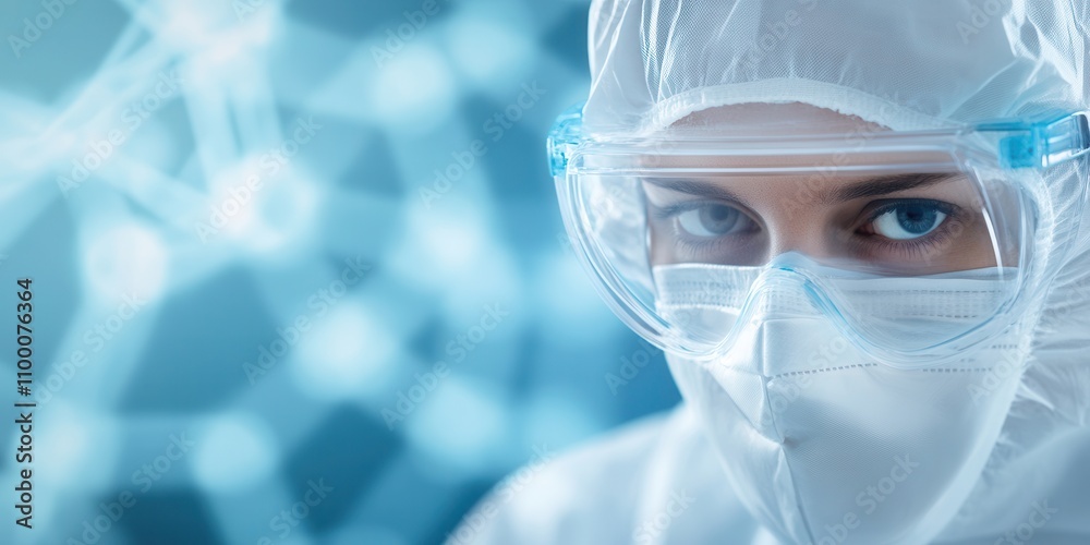 Poster a close-up of a scientist in protective gear with goggles, focusing on research in a lab, conveying 