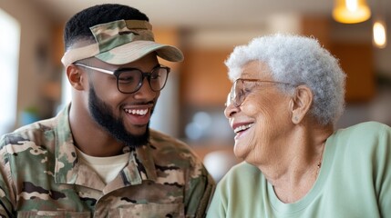 Fototapeta premium A soldier grins at a senior woman with glasses as they share a joyful indoor moment, emphasizing familial love, joy, and meaningful intergenerational interactions.