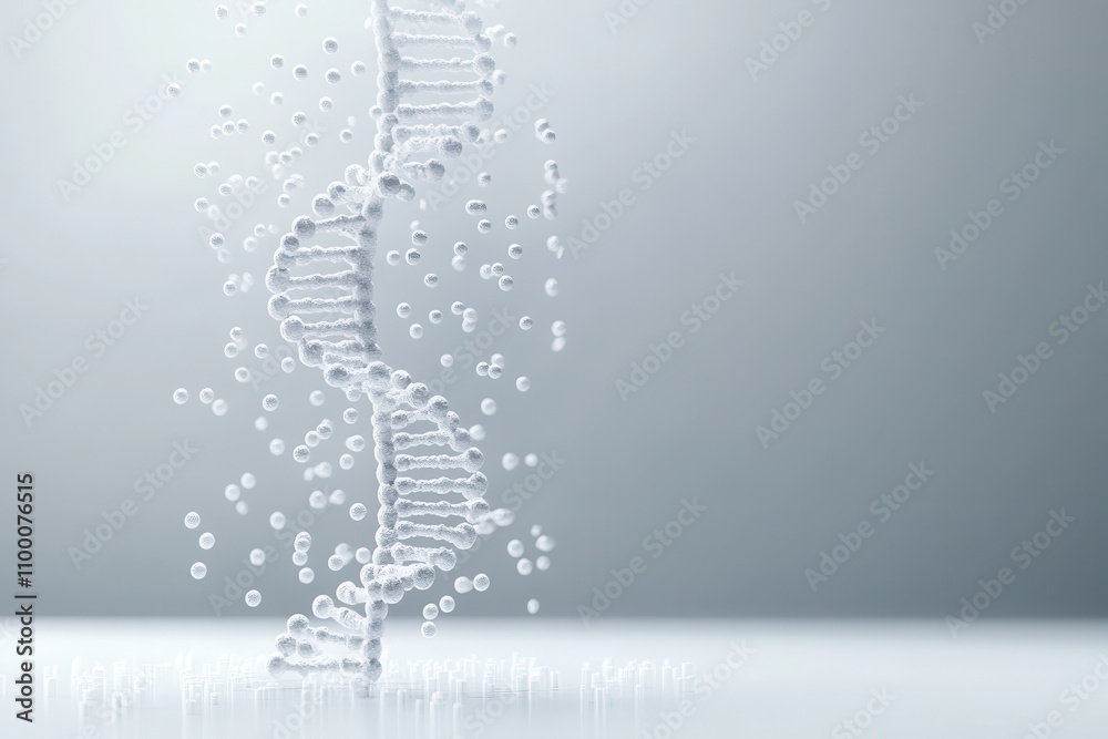 Poster a 3d depiction of a dna double helix, surrounded by floating molecules, set against a soft, gradient