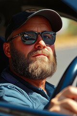 Fototapeta premium A man with a beard wearing sunglasses and a baseball cap driving a car