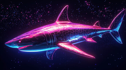 Obraz premium futuristic shark with metallic scales swimming in cosmic environment, showcasing vibrant colors and sleek design, evokes sense of wonder and imagination