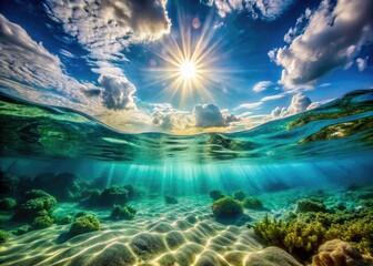 Obraz premium Serene Underwater Light: Sunlight Filtering Through Water with Rising Bubbles