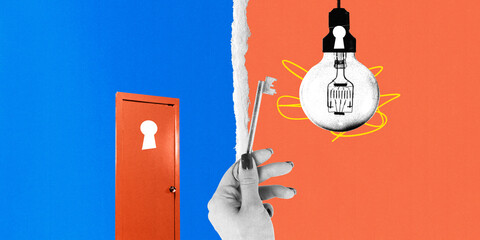 Contemporary art collage. Hand holding key alongside lightbulb, emphasizing power of ideas and solutions on split blue and orange background. Concept of innovation, solution, creativity © Lustre Art Group 
