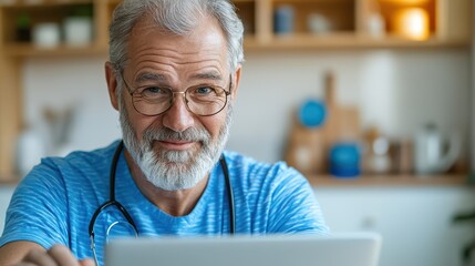Fototapeta premium A senior male doctor with glasses and a stethoscope smiles warmly at the camera while working on a laptop in a cozy, light-filled medical office setting.