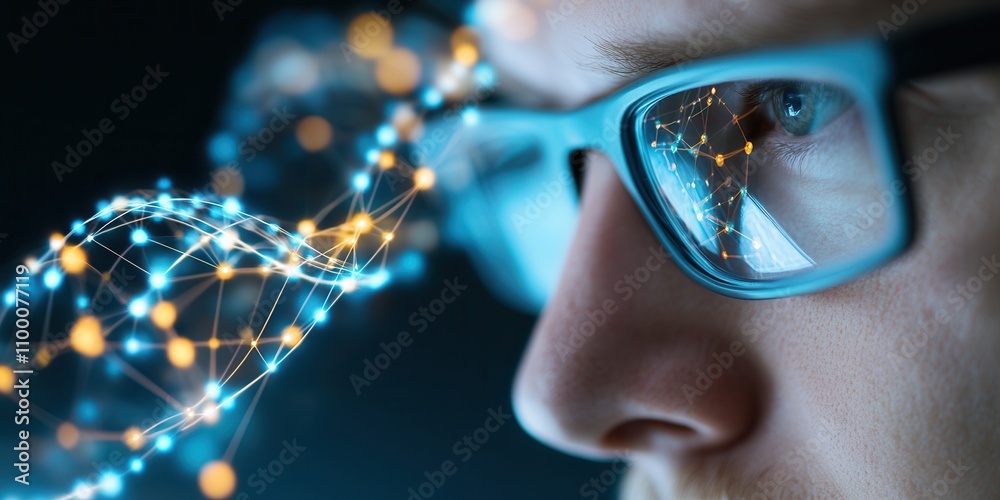 Aufkleber A close-up of a person's eye wearing glasses, with a digital representation of interconnected data points and networks reflected in the lenses.