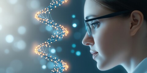 A thoughtful woman in glasses gazes at a glowing DNA strand, symbolizing the intersection of science and innovation.