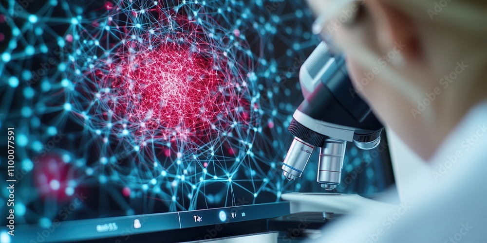 Poster A scientist analyzes intricate data on a screen, showcasing a network of connections with vibrant red nodes, symbolizing research and discovery.