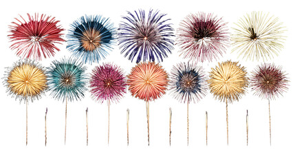 Obraz premium Stunning display of colorful fireworks bursting in the sky, creating festive atmosphere. Isolated on white/transparent background