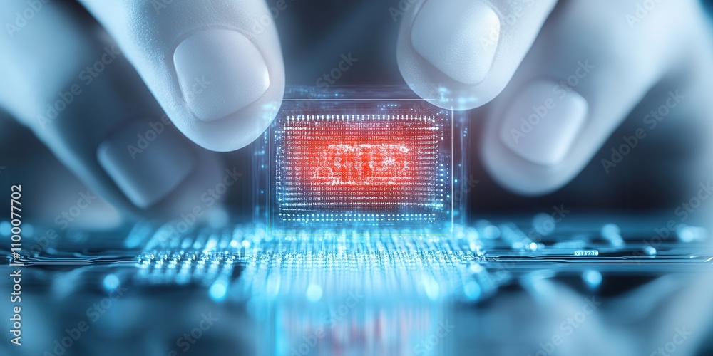 Poster a hand interacts with a digital chip, displaying a glowing red warning, symbolizing cybersecurity or