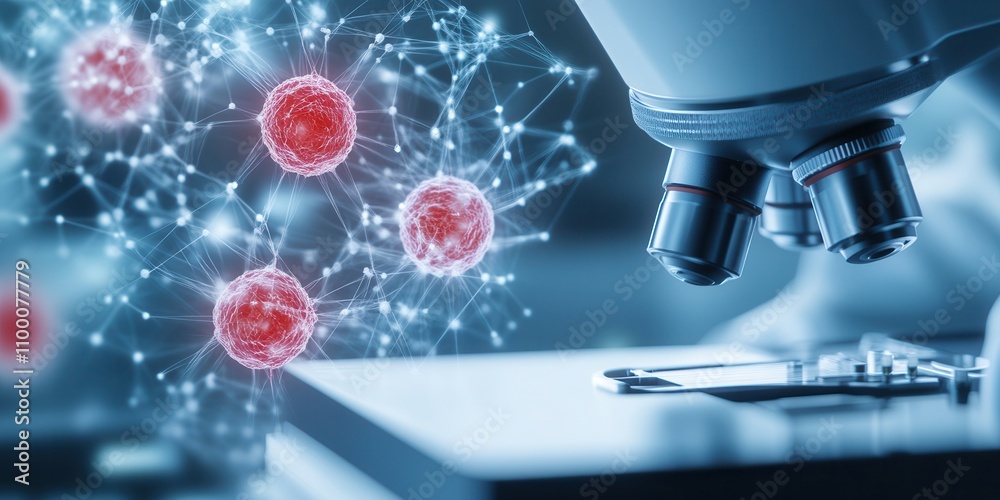 Poster a microscope focuses on red cells in a digital display, illustrating the intersection of biology and