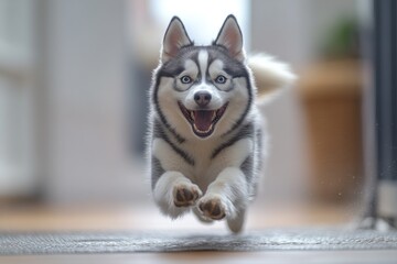 Fototapeta premium Happy husky puppy running indoors.