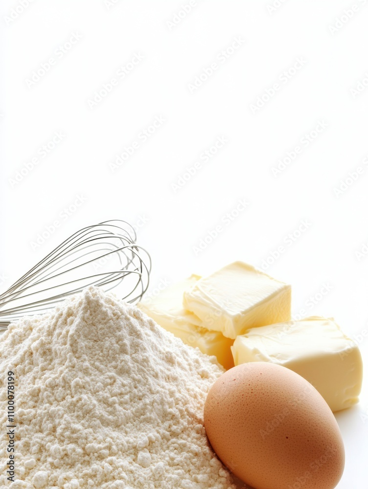Poster flour is piled high alongside an egg, whisk, and butter, all arranged on a clean white background, i