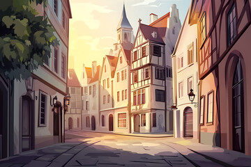 Obraz premium A serene street scene featuring charming buildings and soft sunlight.