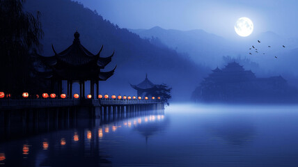 Obraz premium Silhouetted pagoda on a misty lake under a full moon..