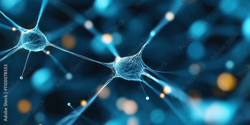 Poster a close-up view of neurons illuminated in blue, showcasing interconnections and synapses in a digita