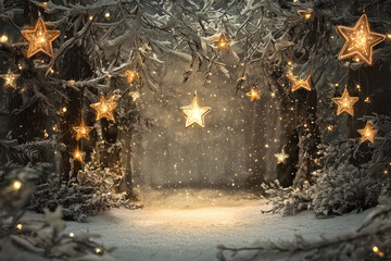 Fototapeta premium Whimsical Christmas Scene Featuring a Snowy Forest, Glowing Star Decorations, and a Magical Winter Atmosphere with Falling Snow and Lights