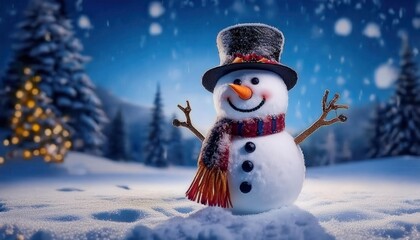 Obraz premium Charming Winter Snowman with Red Scarf and Top Hat in a Sparkling Snowy Forest. Perfect for Holiday Cards, Festive Home Decor, and Digital Winter Themed Marketing Designs