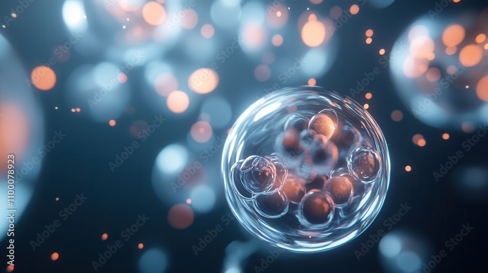Poster A close-up view of a cell with glowing particles, representing biological processes at the microscopic level.