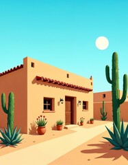 Desert adobe house surrounded by cacti under a bright sun
