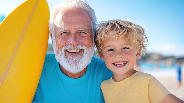An elderly man and a young boy enjoying their time at the beach, holding a surfboard. They are both in casual outfits, basking under the clear blue sky.
