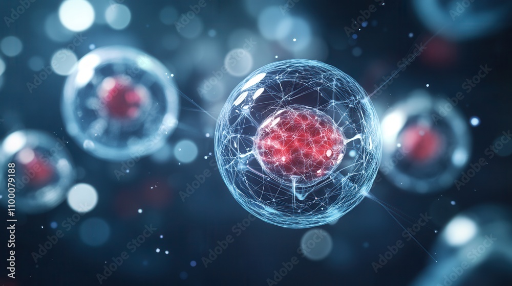 Fototapete A close-up image of glowing biological cells in a dark environment, depicting intricate structures and red cores, illustrating cellular complexity.