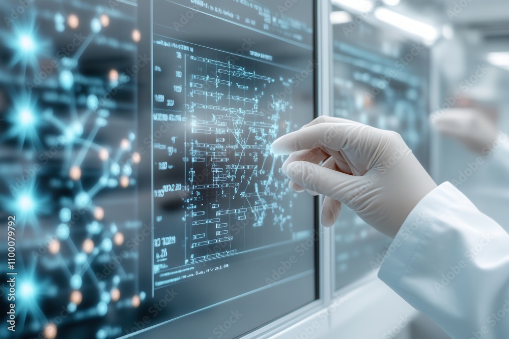 Poster A researcher in a lab interacts with digital screens displaying complex data and graphics, emphasizing technology and innovation in scientific study.