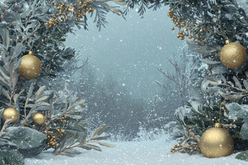 Winter Wonderland: A frosty, magical winter scene unfolds with a snow-covered path leading through an arch of snow-laden evergreen branches adorned with golden ornaments.