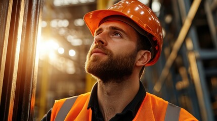 A serious worker wearing a hard hat and orange safety vest intently surveys a construction zone, embodying safety, diligence, and industry in a modern setting.