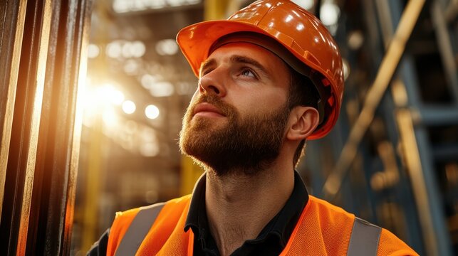 A serious worker wearing a hard hat and orange safety vest intently surveys a construction zone, embodying safety, diligence, and industry in a modern setting.