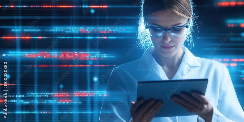 Poster a focused scientist analyzes data on a tablet, illuminated by vibrant digital graphics, depicting ad