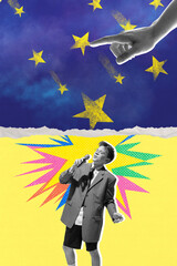 Contemporary art collage. Performer under night sky with stars, combining themes of creativity and...